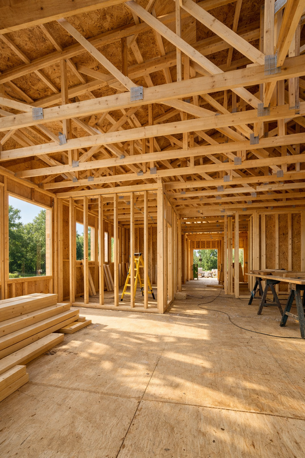 Residential construction framing with wooden studs, trusses, and ladder — K & T Contracting LLC